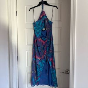 Forever 21 Abstract Mesh Halter Blue/Multi Color Midi Dress Women’s Size Large